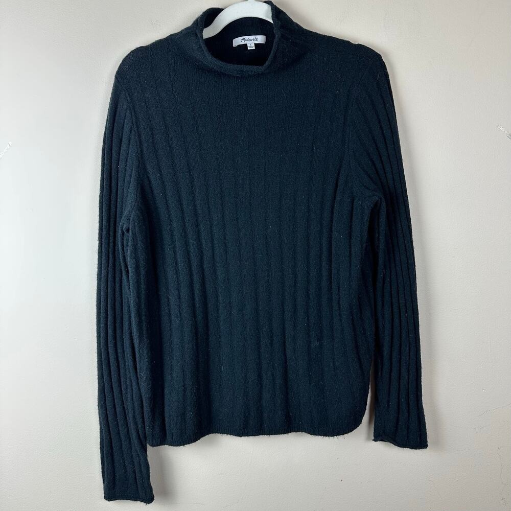 Madewell Roll Neck Sweater Black Ribbed Knit Alpaca Merino Wool Blend Old Money